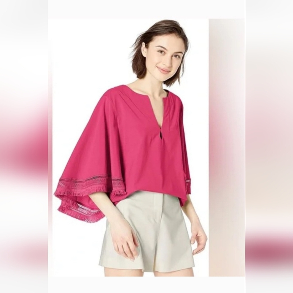Trina Turk CARRY ON Pink Fringe Hem V-Neck Batwing Top Size L Large Silk Blend